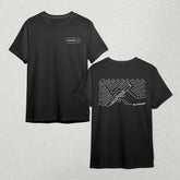 A Blackwing "Scribble" black t-shirt with a white line design.